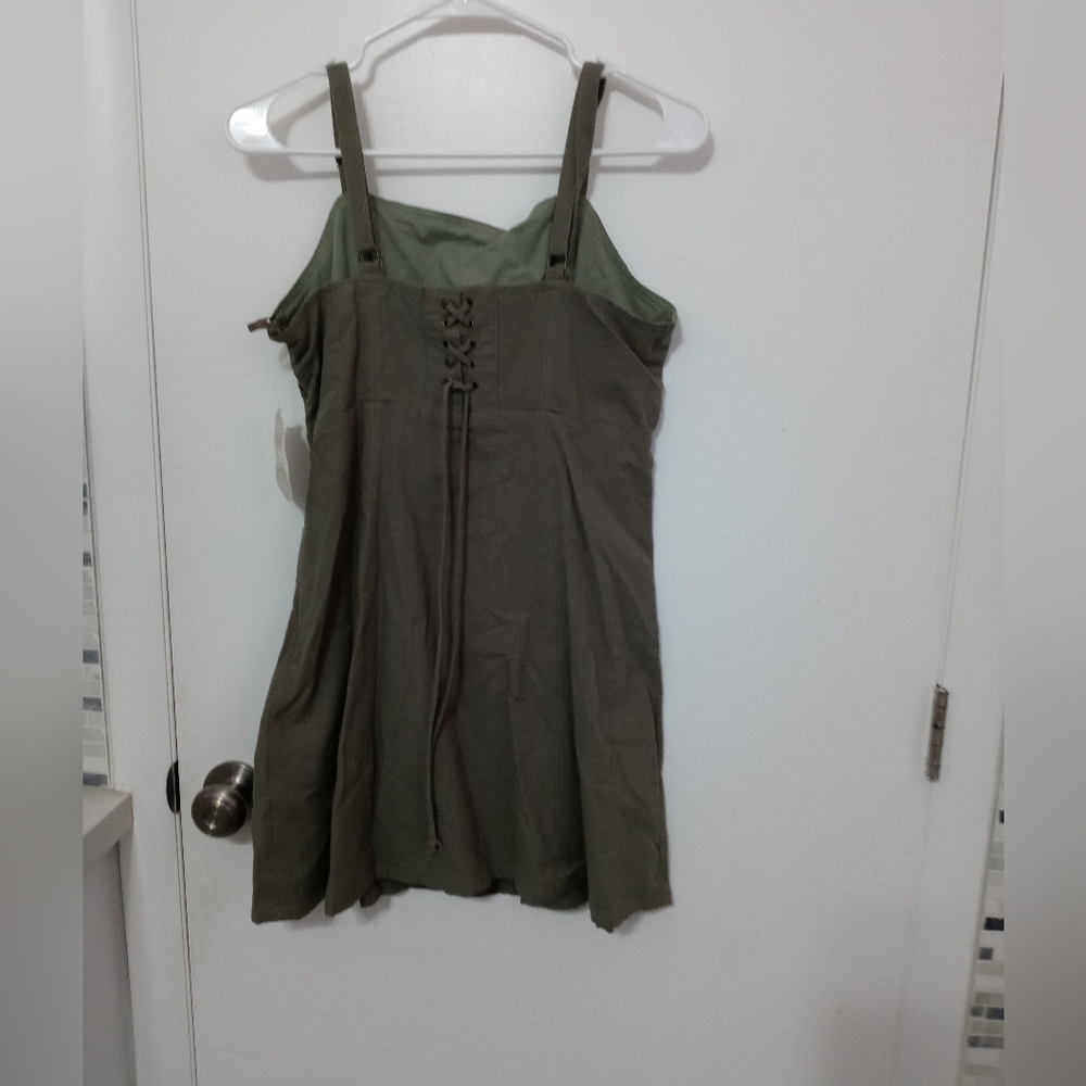 Altar'd State Olive Sleevelss mini Lined Dress Criss cross tie up front M